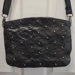 Black leather silver studded crossbody purse - 3 compartments - moto - western
